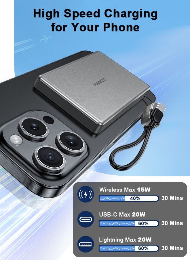 بينريك 10000 مللي أمبير في الساعة بنك الطاقة اللاسلكي المغنطيسي Magsafe الشاحن اللاسلكي المحمول الشاحن السريع الشاحن PD 20W شحن سلكية شحن iPhone Magsafe Charger Packt لأجهزة iPhone 16/15/14/13/12 سلسلة - رمادية (مع كابل USB -C/Lightning) - Image 4