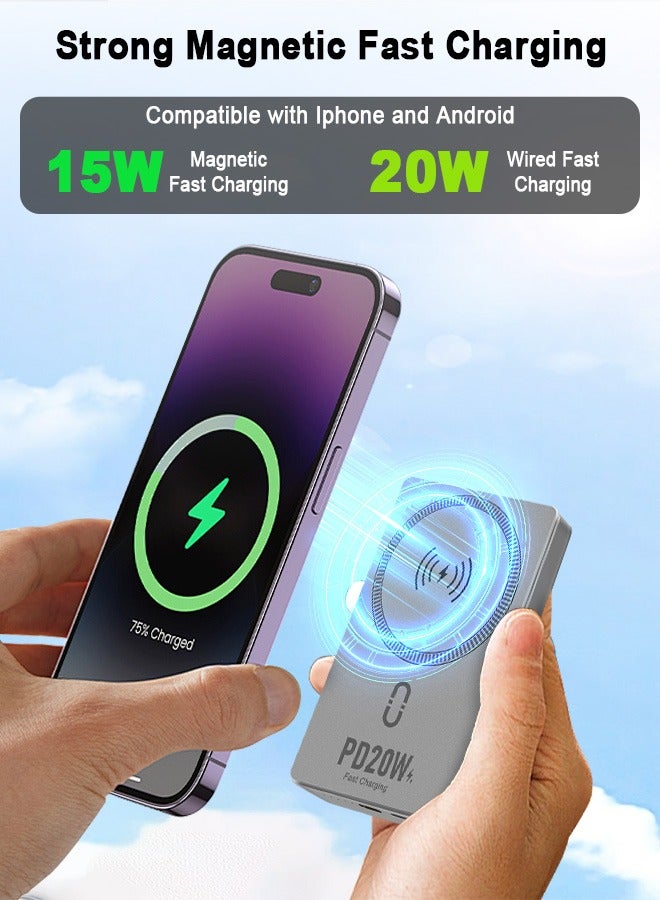 بينريك 10000 مللي أمبير في الساعة بنك الطاقة اللاسلكي المغنطيسي Magsafe الشاحن اللاسلكي المحمول الشاحن السريع الشاحن PD 20W شحن سلكية شحن iPhone Magsafe Charger Packt لأجهزة iPhone 16/15/14/13/12 سلسلة - رمادية (مع كابل USB -C/Lightning) - Image 3