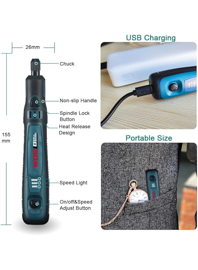 erorex Usb Cordless Electric Engraving Pen Kit Mini 3 Speed Rotary Etching Machine Engraving Jewelry Leather Wood Glass 42Pcs Engraver Tools For Metal With 30 Bits And Stencil - Image 4