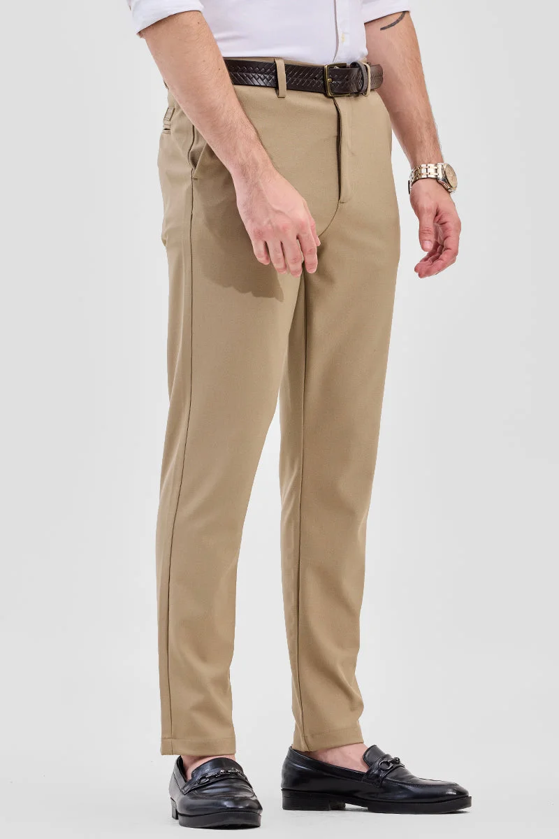 Snitch Beige Beige Self-Design Stretch Trousers for Men | Best Price UAE