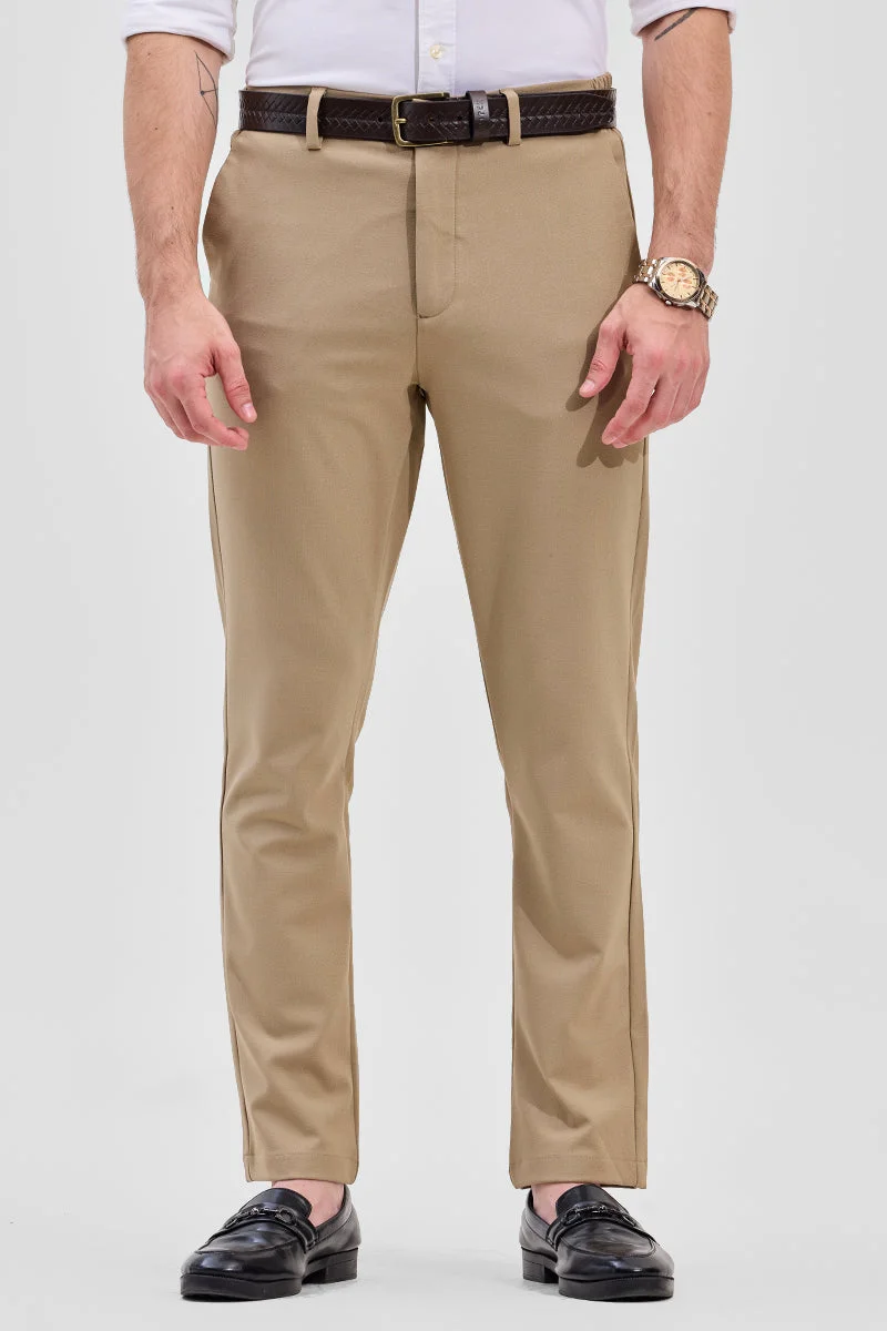 Snitch Beige Beige Self-Design Stretch Trousers for Men | Best Price UAE