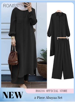 roaiss 2 Piece Abayaa Set Women'S Daily Commuting Button Fastening Long Sleeve Shirt Top And Elastic Waist Wide Leg Pants  - Image 1