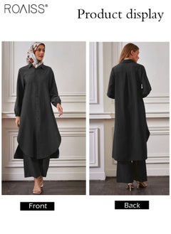 roaiss 2 Piece Abayaa Set Women'S Daily Commuting Button Fastening Long Sleeve Shirt Top And Elastic Waist Wide Leg Pants  - Image 2