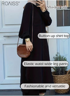 roaiss 2 Piece Abayaa Set Women'S Daily Commuting Button Fastening Long Sleeve Shirt Top And Elastic Waist Wide Leg Pants  - Image 5