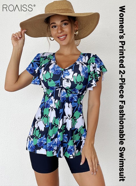 ملابس سباحة نسائية مكونة من قطعتين مطبوعة بحزام خصر ورقبة على شكل حرف V وأكمام قصيرة مع حاشية مطوية لتغطية البطن بلون خالص شورت سباحة ضيق بزاوية مسطحة