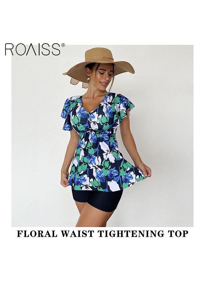 roaiss 2-Piece Women's Split Swimsuit Printed Waistband V-Neck Short Sleeved Top With Pleated Hem To Cover The Belly Solid Color Tight Flat Angle Swimming Shorts  - Image 3
