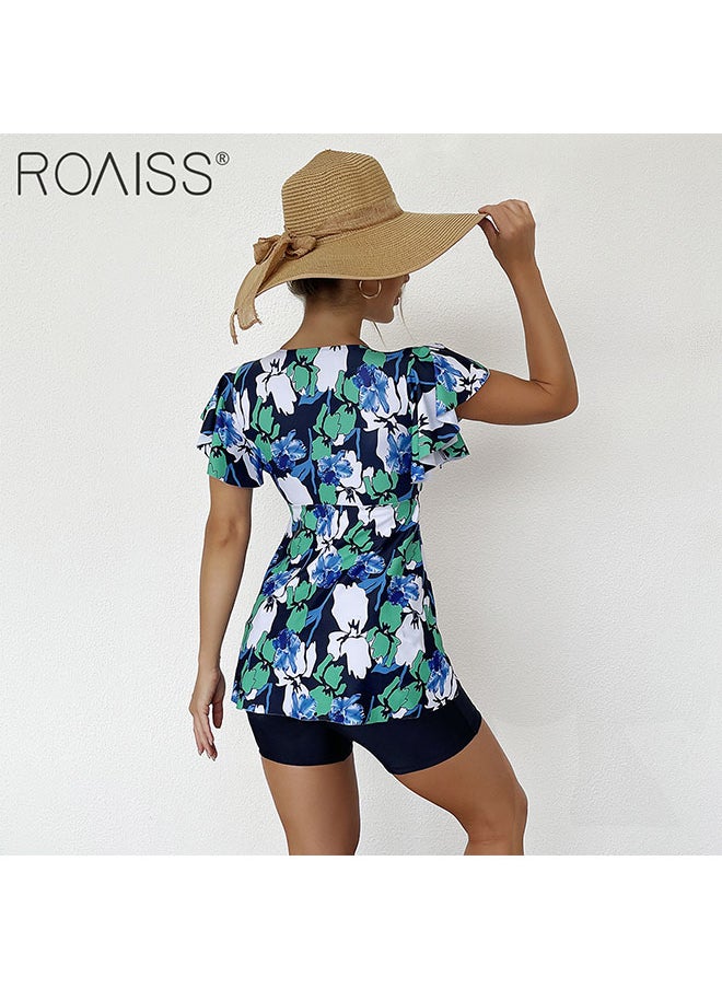 2-Piece Women's Split Swimsuit Printed Waistband V-Neck Short Sleeved Top With Pleated Hem To Cover The Belly Solid Color Tight Flat Angle Swimming Shorts - pzsku/Z92040AC74D65DF76C02AZ/45/_/1696645408/c843c31e-8451-4af3-9195-1a7442a3f852