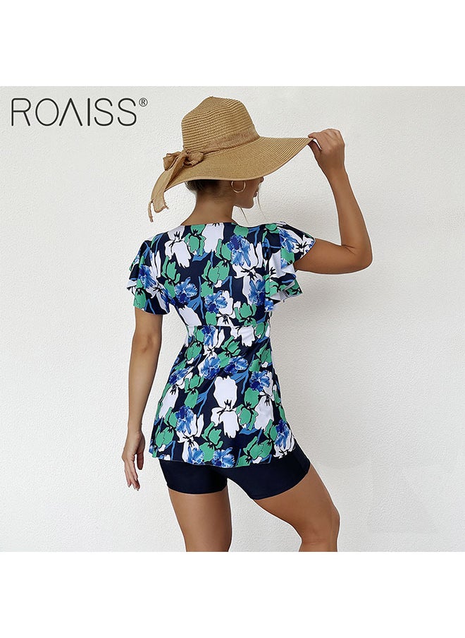 roaiss 2-Piece Women's Split Swimsuit Printed Waistband V-Neck Short Sleeved Top With Pleated Hem To Cover The Belly Solid Color Tight Flat Angle Swimming Shorts  - Image 4