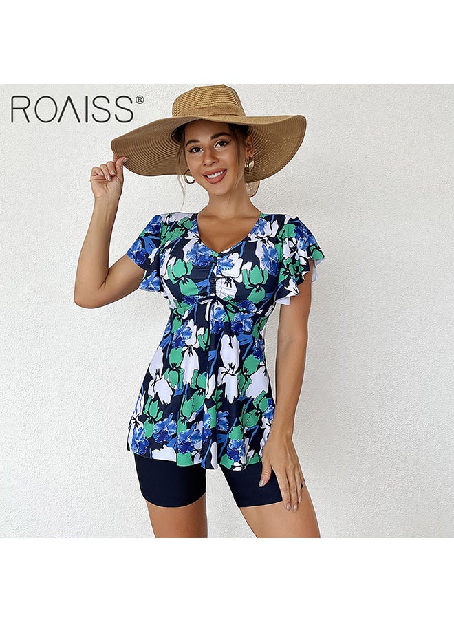 2-Piece Women's Split Swimsuit Printed Waistband V-Neck Short Sleeved Top With Pleated Hem To Cover The Belly Solid Color Tight Flat Angle Swimming Shorts - pzsku/Z92040AC74D65DF76C02AZ/45/_/1696645411/262f9689-3417-4de2-a2bd-04b0c1518e83