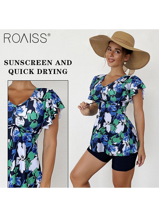 roaiss 2-Piece Women's Split Swimsuit Printed Waistband V-Neck Short Sleeved Top With Pleated Hem To Cover The Belly Solid Color Tight Flat Angle Swimming Shorts  - Image 5