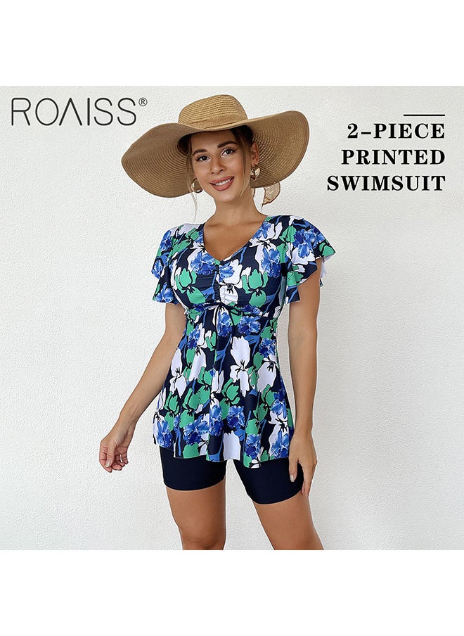 roaiss 2-Piece Women's Split Swimsuit Printed Waistband V-Neck Short Sleeved Top With Pleated Hem To Cover The Belly Solid Color Tight Flat Angle Swimming Shorts  - Image 2
