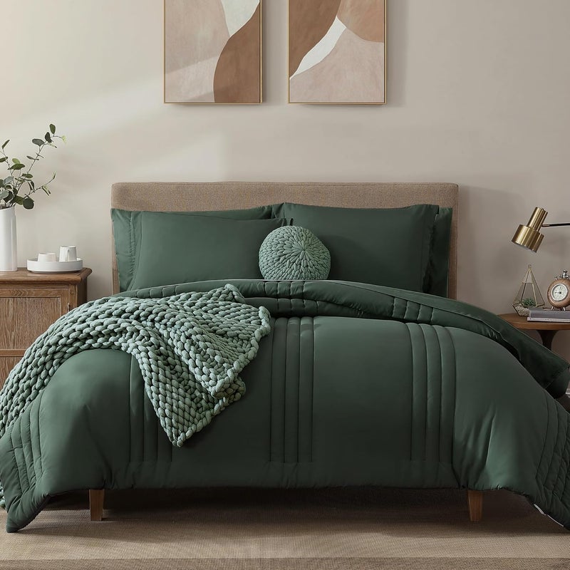 Monbix California King Comforter Set - Cal King Comforter Set 7 Pieces, All Seasons Comforters,Quilting Design Bed in A Bag Cal King Comforter with Sheets,Pillowcases & Shams (Deep Forest,108 * 92) - Image 1