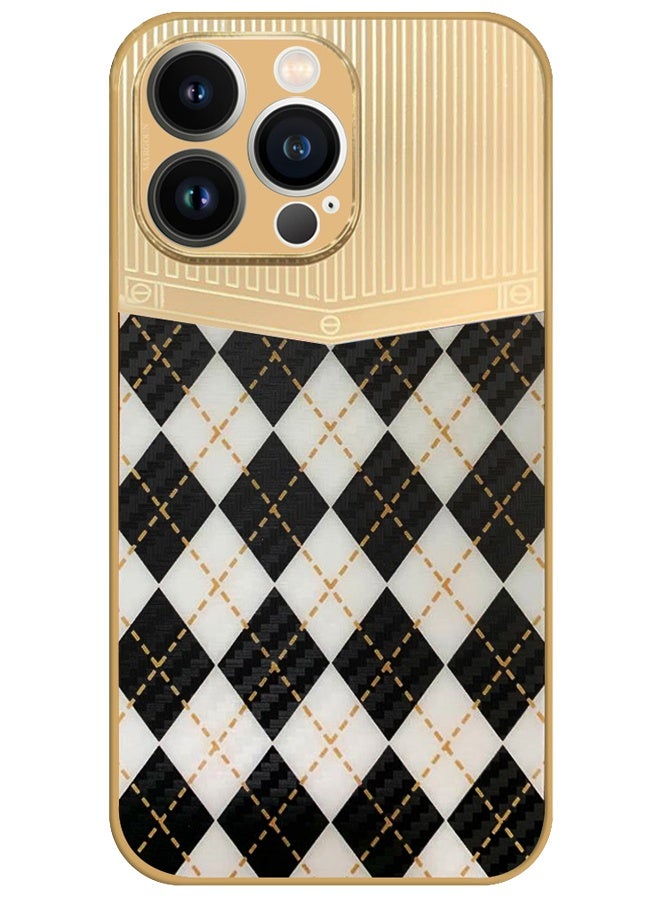 CATANES Luxury Gold Plated Case for iPhone 13 Pro Max - Hybrid Electroplated Frame Back Cover with Carbon Fiber Texture - Rhombus Pattern Black White - Image 1