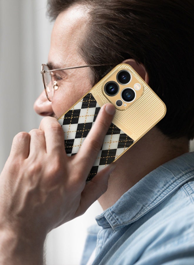 CATANES Luxury Gold Plated Case for iPhone 13 Pro Max - Hybrid Electroplated Frame Back Cover with Carbon Fiber Texture - Rhombus Pattern Black White - Image 4