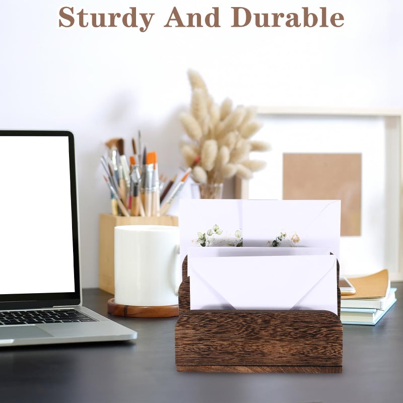 Briwooody Wooden Mail Holder 3 Slots Mail Organizer for Desk Wood File Paper Letter Sorter for Letter Envelope Filing Cell Phone Document Storage, Organizer Tray for Office and Home (Dark Brown) - Image 4