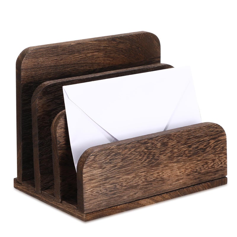 Briwooody Wooden Mail Holder 3 Slots Mail Organizer for Desk Wood File Paper Letter Sorter for Letter Envelope Filing Cell Phone Document Storage, Organizer Tray for Office and Home (Dark Brown) - Image 1