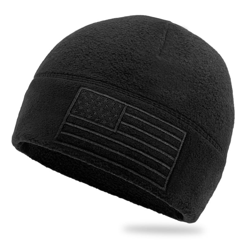 Asikkon American Fleece Watch Cap, American Flag Tactical Beanie for Boys Men's Warm Winter Hat Beanie Black - Image 1