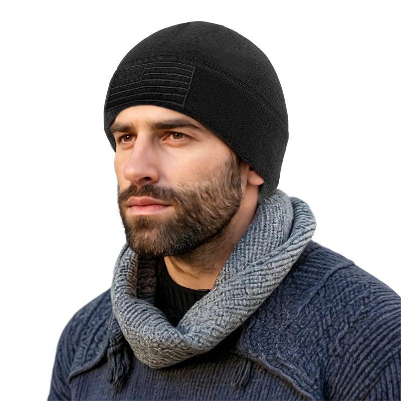 Asikkon American Fleece Watch Cap, American Flag Tactical Beanie for Boys Men's Warm Winter Hat Beanie Black - Image 2