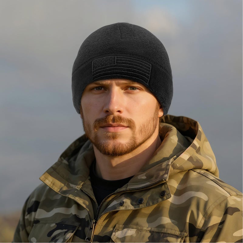 Asikkon American Fleece Watch Cap, American Flag Tactical Beanie for Boys Men's Warm Winter Hat Beanie Black - Image 3