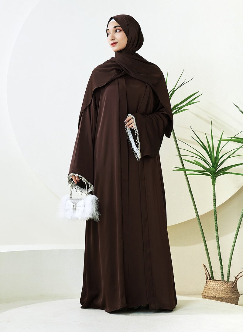 Satin Abaya Robe with Diamond Tassel Belt, Detachable Organic Turban Gown with Turban, Black Four-Piece Set (NCS004)  - Image 1