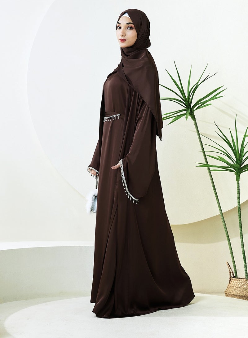 Satin Abaya Robe with Diamond Tassel Belt, Detachable Organic Turban Gown with Turban, Black Four-Piece Set (NCS004)  - Image 2