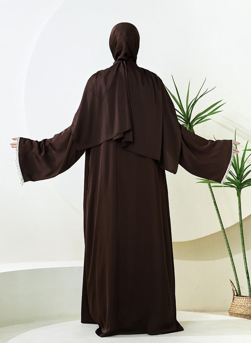 Satin Abaya Robe with Diamond Tassel Belt, Detachable Organic Turban Gown with Turban, Black Four-Piece Set (NCS004)  - Image 3