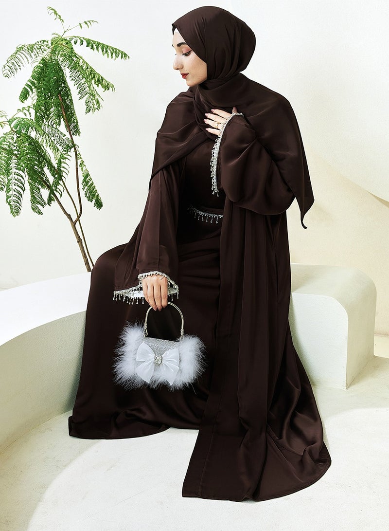 Satin Abaya Robe with Diamond Tassel Belt, Detachable Organic Turban Gown with Turban, Black Four-Piece Set (NCS004)  - Image 4