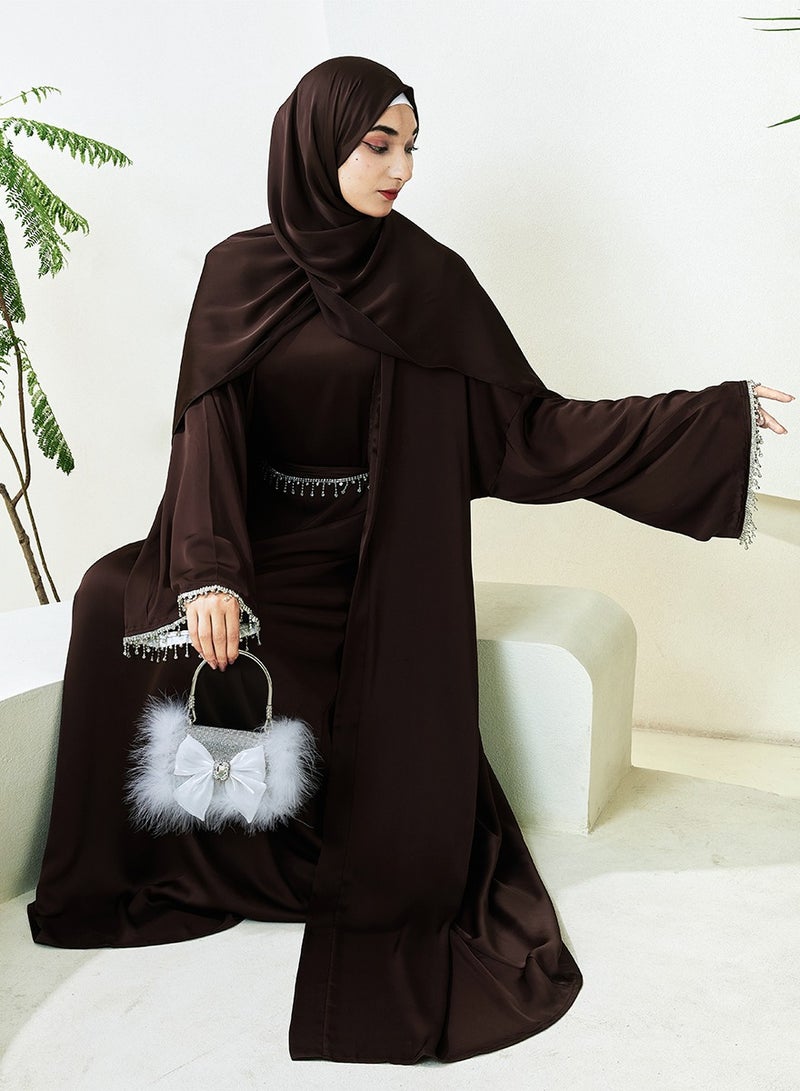 Satin Abaya Robe with Diamond Tassel Belt, Detachable Organic Turban Gown with Turban, Black Four-Piece Set (NCS004)  - Image 5