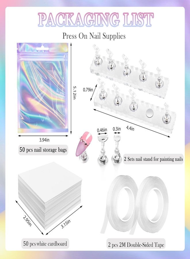 ESUOHYM 50 PCS Nails Packaging Bags with Nail Stand for Fake Nail, Holographic Press On Nail Storage Container Nail Art Kit for Diy Design,Nail Cardboards with 2 Double-sided Adhesive Tape Salon Home - Image 2