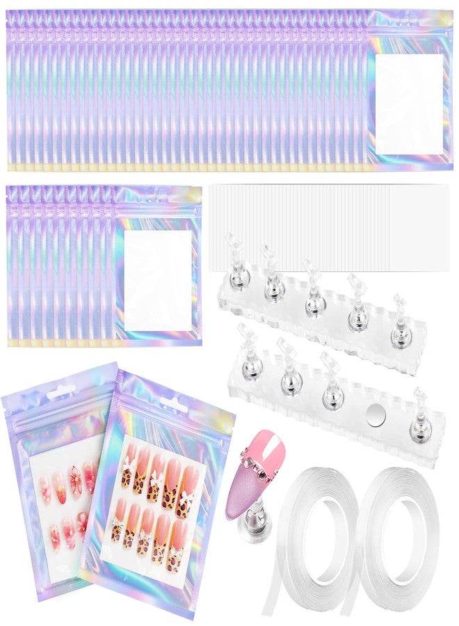ESUOHYM 50 PCS Nails Packaging Bags with Nail Stand for Fake Nail, Holographic Press On Nail Storage Container Nail Art Kit for Diy Design,Nail Cardboards with 2 Double-sided Adhesive Tape Salon Home - Image 1