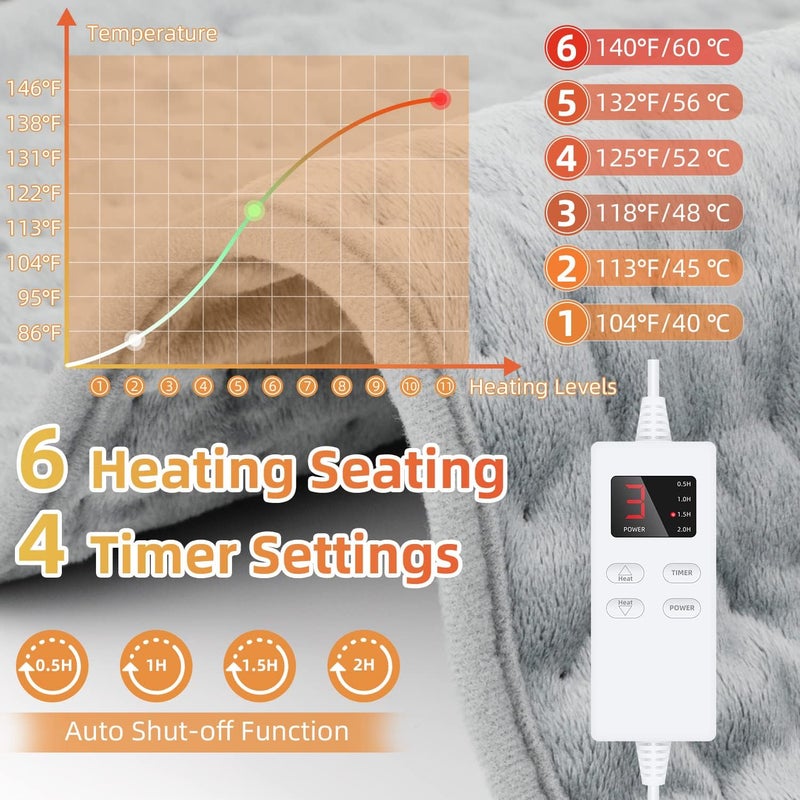 AMINAC Electric Heating Pad for Pain Relief of Back Neck & Shoulder,40x76cm,6 Electric Temperature Options,4 Timer Settings,Auto Shut Off Fast heat pad with LED Controller,Gray - Image 3