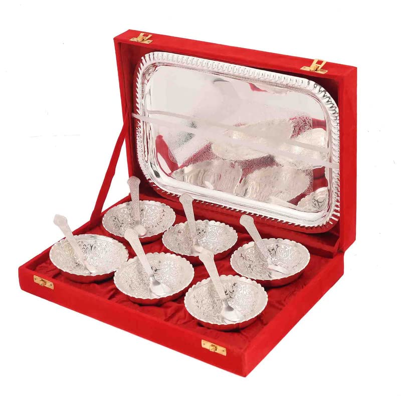JAIPUR ACE JAIPUR ACE Royal Silver Plated Bowl Set with 6 Bowls 6 Spoons 1 Plate with Royal Velvet Box 13 PCS  - Image 5