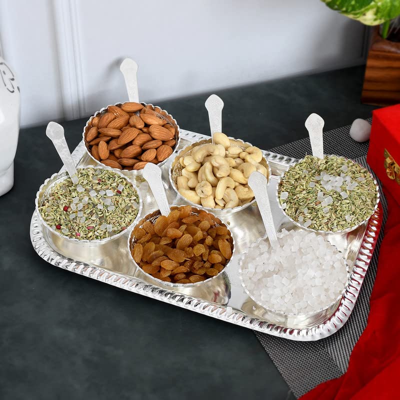 JAIPUR ACE JAIPUR ACE Royal Silver Plated Bowl Set with 6 Bowls 6 Spoons 1 Plate with Royal Velvet Box 13 PCS  - Image 1