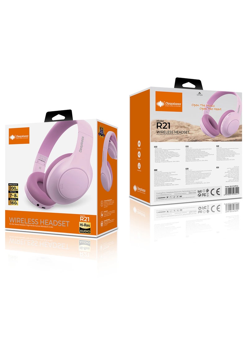 Deepbass R21 Hi-Res Audio Wireless On-Ear Headphones 48-Hour Playback, 160h Standby - Purple  - Image 2