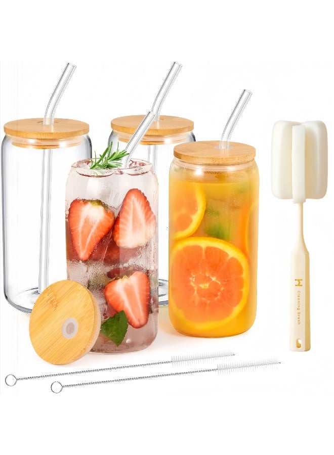 ٤ أكواب للشرب بأغطية من الخيزران وماصة زجاجية - ٤ أكواب زجاجية على شكل علبة، أكواب قهوة مثلجة، أكواب أنيقة مع فرشاتين للتنظيف وفرشاة واحدة للكوب، مثالية للمشروبات الغازية والشاي - Image 1