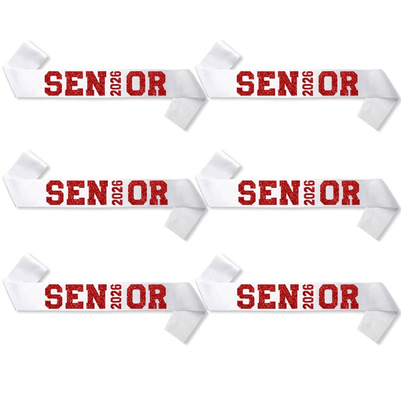 Partyprops 6Pcs White Senior 2026 Satin Sashes with Red Glitter Letters Senior 2026 Decorations - 2026 Graduation Celebrations Sashes - Senior Cheer Sash - Cheerleader Sash - Class Competition Sashes - Image 1