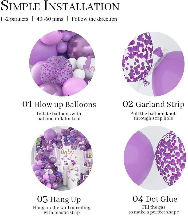 Lazybeee Birthday Balloons Decoration Garland Kit 107 Pcs Decorations for Girl Balloons Arch White Metallic Purple Confetti for Birthday Wedding Party) - Image 4
