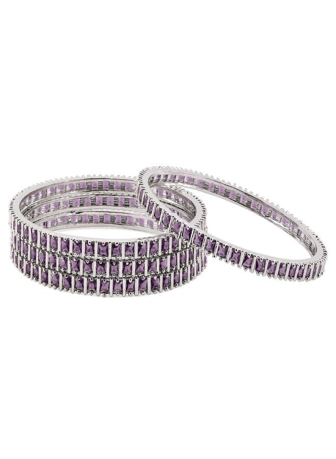 Rubans Set of 4 Rhodium-Plated Lavender Cubic Zirconia Studded Handcrafted Premium Bangles for Women & Girls | Elegant Wedding & Festive Jewelry - Image 1