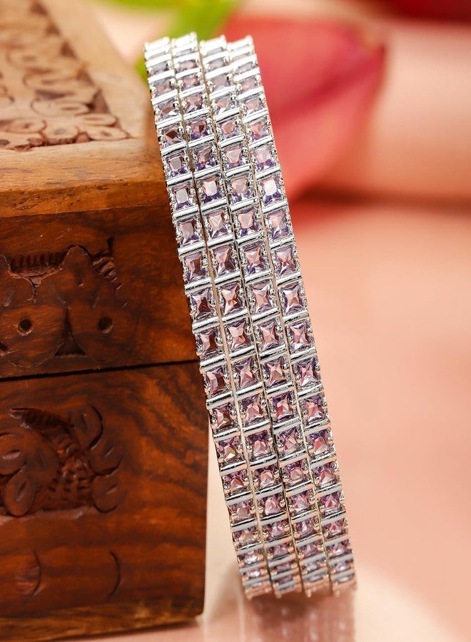 Rubans Set of 4 Rhodium-Plated Lavender Cubic Zirconia Studded Handcrafted Premium Bangles for Women & Girls | Elegant Wedding & Festive Jewelry - Image 3