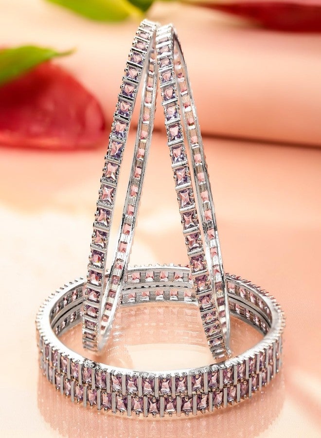 Rubans Set of 4 Rhodium-Plated Lavender Cubic Zirconia Studded Handcrafted Premium Bangles for Women & Girls | Elegant Wedding & Festive Jewelry - Image 5