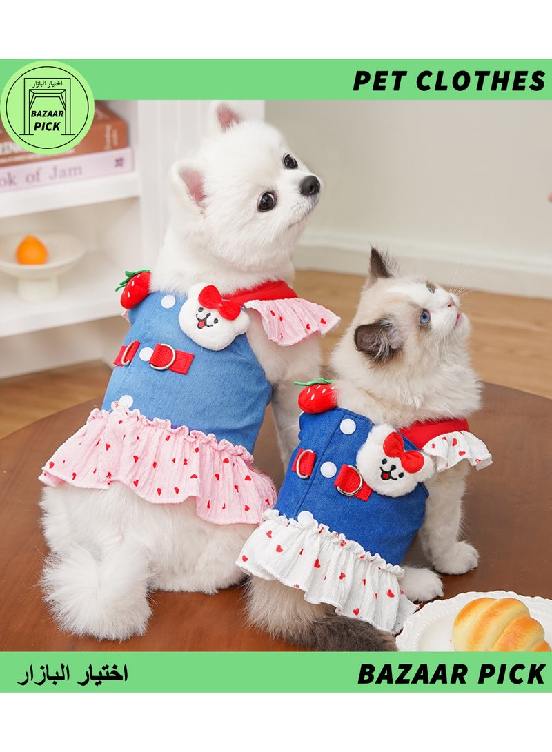 فستان دنيم برنسيس للحيوانات الأليفة بلون أزرق داكن - تنورة جينز أنيقة للكلاب والقطط للمناسبات والحفلات، ملابس قطنية مسامية للجراء - مقاس M - Image 1