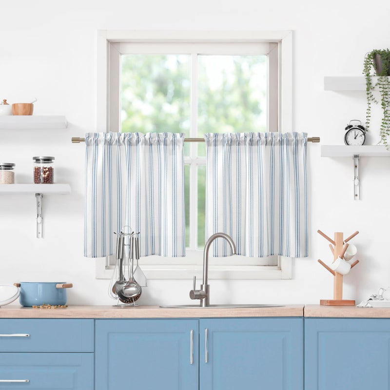 ZJDECOR Farmhouse Cafe Curtains Cotton Blend 24" Long Blue Vertical Stripes on White Rustic Light Filtering Small Window Curtain for Bathroom RV Rod Pocket - Image 1