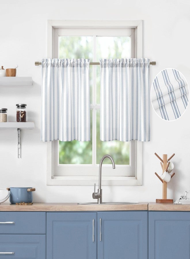 ZJDECOR Farmhouse Cafe Curtains Cotton Blend 24" Long Blue Vertical Stripes on White Rustic Light Filtering Small Window Curtain for Bathroom RV Rod Pocket - Image 2