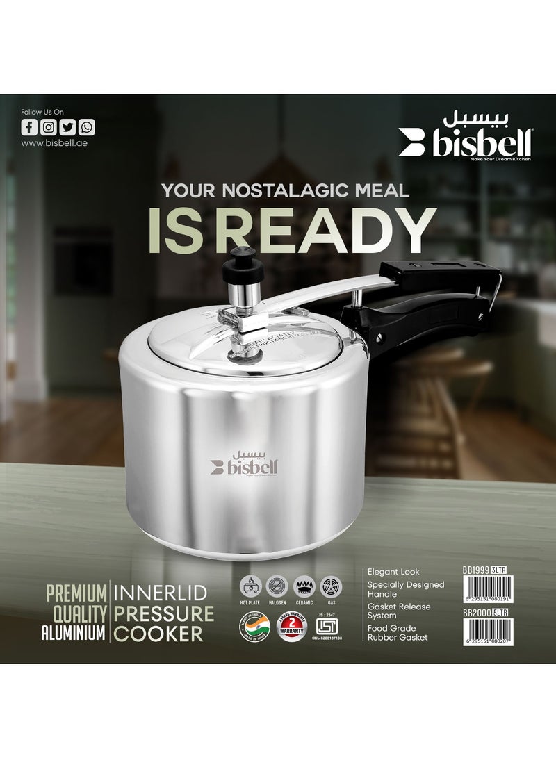 Bisbell 5Liters Premium Aluminium Inner Lid Pressure Cooker, 5L, Induction Base, Safety Valve, Black Handle,BB2000 Silver - Image 1