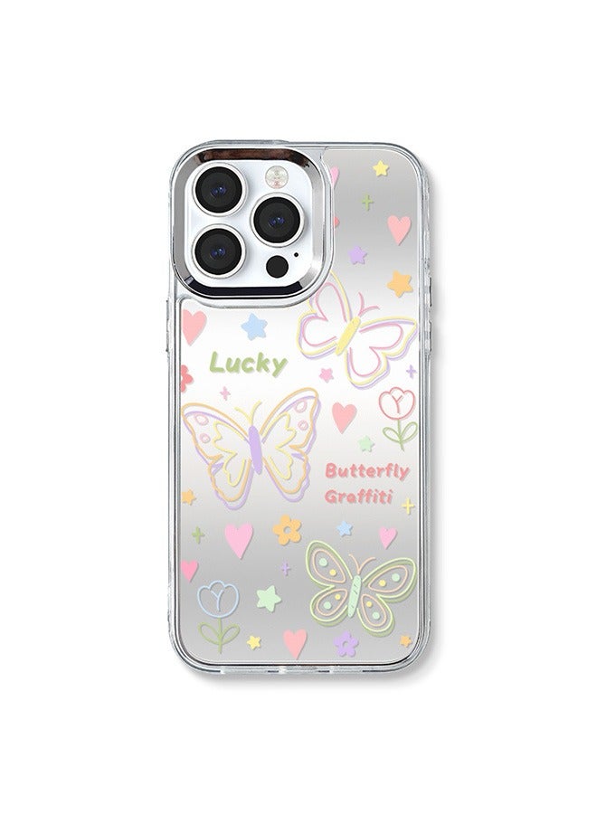 Compatible with iPhone 15 Pro Max Case, Colorful Butterfly Graffiti Pattern  Mirror Shockproof Case Cover with Beautiful Strap Bracelet Chain Girls Women Case for iPhone 15 Pro Max  - Image 1