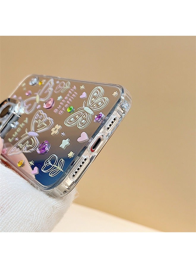 Compatible with iPhone 15 Pro Max Case, Colorful Butterfly Graffiti Pattern  Mirror Shockproof Case Cover with Beautiful Strap Bracelet Chain Girls Women Case for iPhone 15 Pro Max  - Image 5