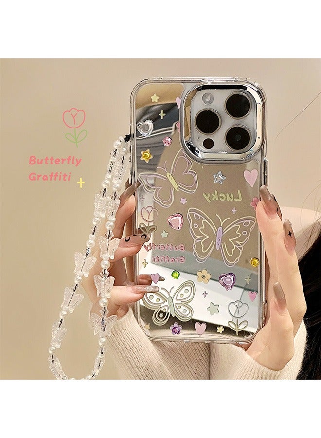 Compatible with iPhone 15 Pro Max Case, Colorful Butterfly Graffiti Pattern  Mirror Shockproof Case Cover with Beautiful Strap Bracelet Chain Girls Women Case for iPhone 15 Pro Max  - Image 2