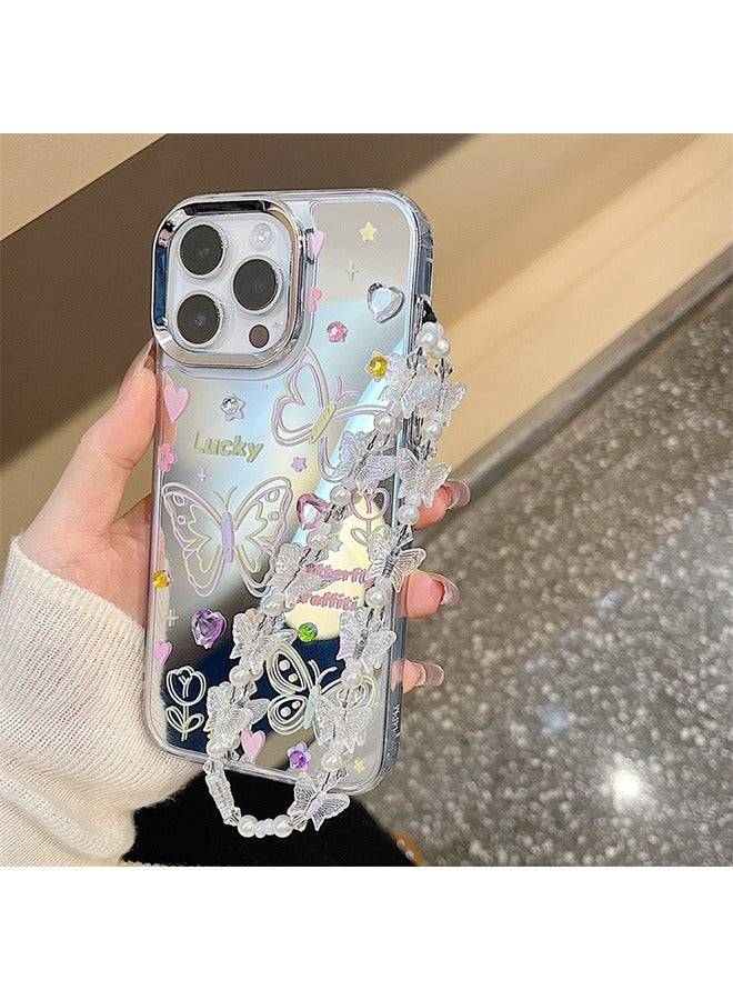 Compatible with iPhone 15 Pro Max Case, Colorful Butterfly Graffiti Pattern  Mirror Shockproof Case Cover with Beautiful Strap Bracelet Chain Girls Women Case for iPhone 15 Pro Max  - Image 4