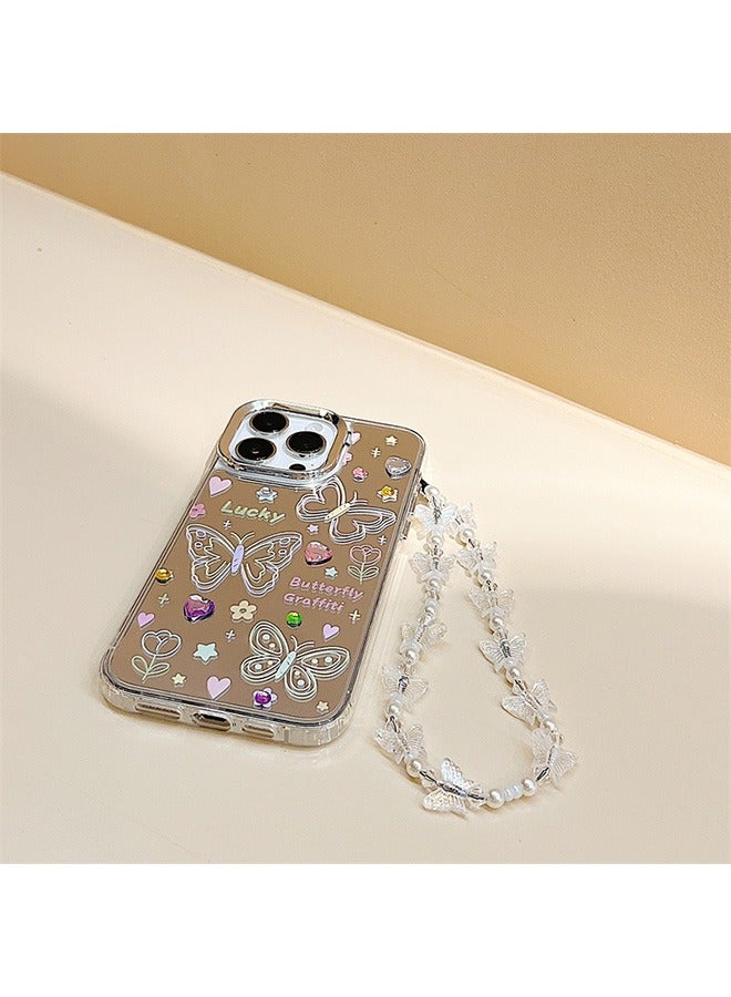 Compatible with iPhone 15 Pro Max Case, Colorful Butterfly Graffiti Pattern  Mirror Shockproof Case Cover with Beautiful Strap Bracelet Chain Girls Women Case for iPhone 15 Pro Max  - Image 3