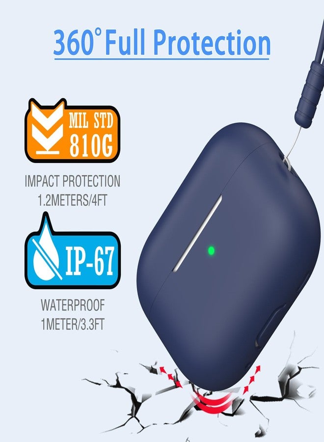MHYALUDO غطاء حماية MHYALUDO لسماعات AirPods Pro من الجيل الثاني، مصنوع من السيليكون الناعم المقاوم للصدمات والمقاوم للسقوط، مع سلسلة مفاتيح ومجموعة تنظيف، وإضاءة LED أمامية مرئية، باللون الأزرق الداكن. - Image 4